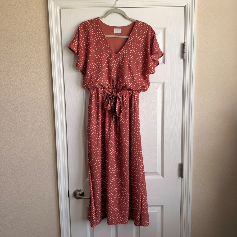 Sienna Sky Womens Rust Polka Dot V-Neck Flutter Sleeve Midi Dress Small - Picture 1 of 13